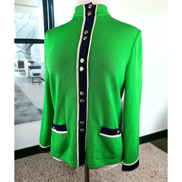 St. John Sweaters - *Flawed St. John Collection Santana Knit Green Cardigan Sweater Gold Blk Size 10